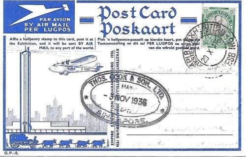 South Africa 1936 Jipex All Up Flight card to Singapore very  fine